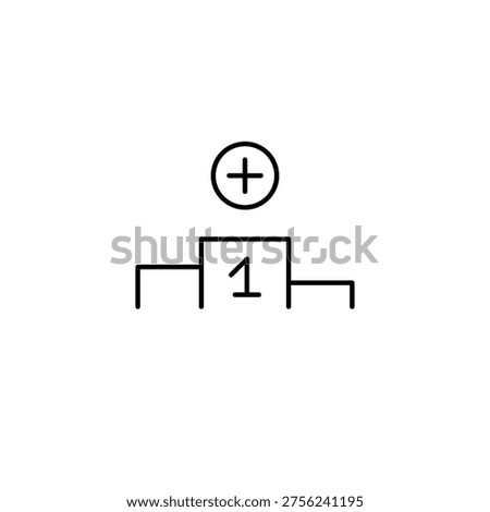 Rank update, award added. Plus symbol on winner podium. Success and competition. Pixel perfect, editable stroke vector icon
