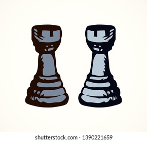 Rank war toy shape on check board backdrop. Freehand dark line ink hand drawn chessmen winner element logo emblem sketchy in antique art doodle engraved style pen on paper space for text. Closeup view