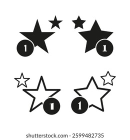 Ranked star icon. Number one badge. Award rating symbol. Black vector illustration.