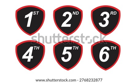 Ranking Badge Shield Icons Set 1st 2nd 3rd 4th 5th 6th Winner Placement Symbols Black Red Design
