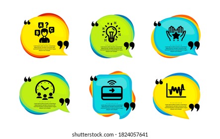 Ranking, Contactless payment and Quiz test icons simple set. Speech bubble with quotes. Idea, Meeting time and Stock analysis signs. Hold star, Financial payment, Interview. Vector