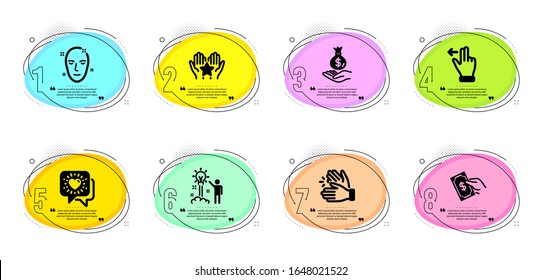 Ranking, Creative idea and Touchscreen gesture signs. Timeline infographic. Pay money, Income money and Clapping hands line icons set. Friends chat, Health skin symbols. Hold cash, Savings. Vector