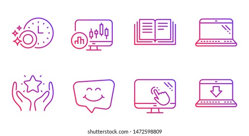 Ranking, Education and Smile chat line icons set. Laptop, Candlestick chart and Touch screen signs. Dishwasher timer, Internet downloading symbols. Hold star, Instruction book. Vector