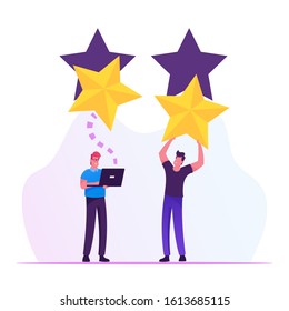 Ranking Evaluation and Classification Concept. Businessmen Click on Golden Stars to Increase Rating. People Give Review and Feedback for Services in Mobile App. Cartoon Flat Vector Illustration