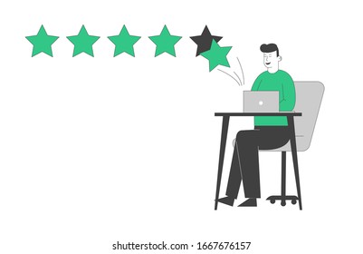 Ranking Evaluation and Rating Classification Concept. Businessman Character Click on Green Stars in Pc to Increase Rate, Give Review and Feedback for Services in Internet. Linear Vector Illustration