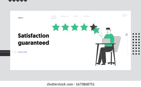Plantilla de página de inicio de clasificación y evaluación de clasificación. Personaje Empresarial Haga Clic en Estrellas en Pc para Aumentar la Tasa, Dar Revisión o Comentarios al Servicio de Internet. Ilustración de vectores lineales
