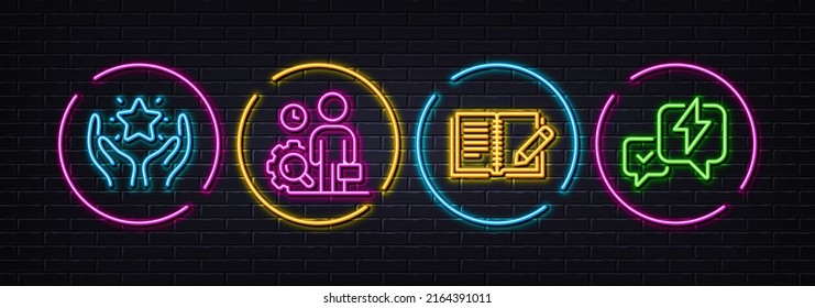 Ranking, Feedback und Überprüfung minimaler Zeilensymbole. Neon Laser 3D-Lichter. Blitzbolzen-Symbole. Für Web, Anwendung, Druck. Warte Stern, Buch mit Bleistift, Arbeitsqualität. Messenger. Vektorgrafik