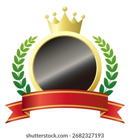 Ranking icon. Decorative frame featuring a medal, red ribbon, and crown. Vector illustration on white background.