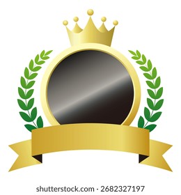 Ranking icon. Decorative frame featuring a medal, gold ribbon, and crown. Vector illustration on white background.