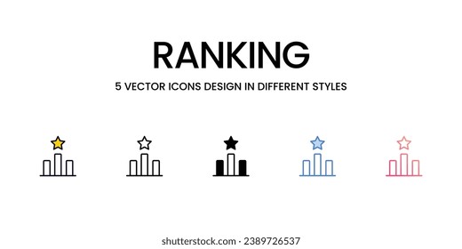 Ranking Icon Design in Fünf-Stil mit Editable Stroke. Linie, feste, flache Linie, Duo Tone Farbe und Farbverlauf Linie. Geeignet für Webpage, Mobile App, UI, UX und GUI Design.