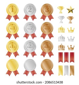 Conjunto de material de icono de clasificación de la ilustración de medalla tridimensional