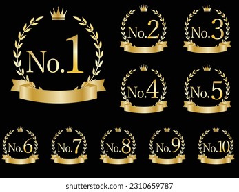 Ranking Icon Set with Black Background, Ribbon, and Laurel
