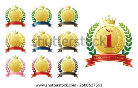 Ranking Icon Set. Decorative frames featuring medals, ribbons, and crowns. Vector illustration on a white background.