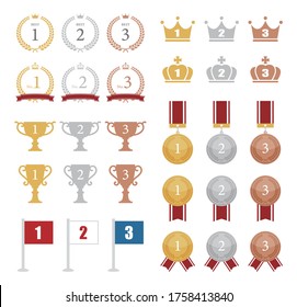 Ranking icon set such as winning cup, crown and award medal.