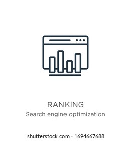 Icono de clasificación. Icono de contorno lineal delgado aislado en fondo blanco de la colección de optimización de motores de búsqueda. Signo vectorial de línea, símbolo para web y móvil