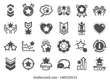 Ranking icons. First place, star rating and winner medal. Shoulder strap, army achievement and victory ribbon icons. Star ranking, champion and winner trophy. Best level. Quality set. Vector