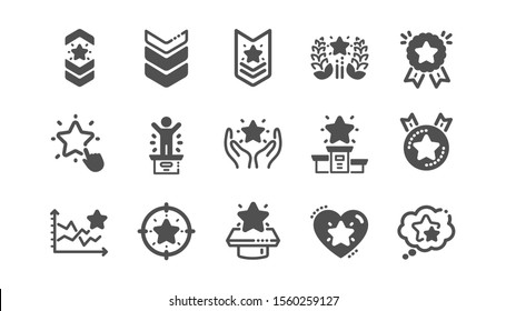 Ranking icons. First place, star rating and winner medal. Shoulder strap, army achievement and star ranking icons. Classic set. Quality set. Vector