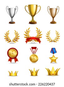 Iconos de clasificación conjunto de premios de diferente tamaño y medallas ilustración vectorial aislada