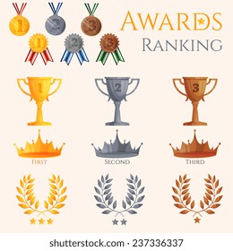 Ranking icons set of different size awards crowns and medals isolated vector illustration