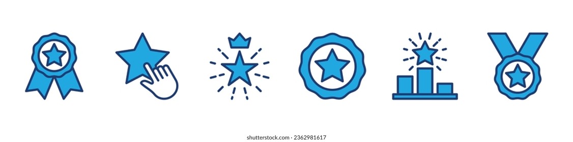 Ranking icons set. Rank icon in colours style. Medal, stars, award, champion, winner, victory, success, prize, celebration, podium, badge icon symbol. Editable stroke. Vector illustration