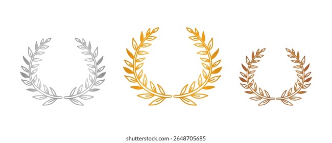 Ranking lease title illustration with empty copy space. Winning laurel wreath template set in metallic gradients. Award title rank icon set. Gold, silver and bronze places, award laurel wreaths.