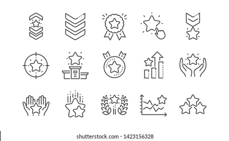 Ranking line icons. First place, star rating and winner medal. Shoulder strap, army achievement and star ranking icons. Linear set. Vector