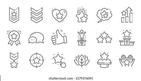 Ranking line icons. First place, star rating and winner medal. Shoulder strap, army achievement and star ranking icons. Linear set. Quality line set. Vector