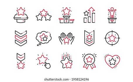 Ranking line icons. First place, star rating and winner medal. Shoulder strap, army achievement and star ranking icons. Linear set. Linear set. Quality line set. Vector