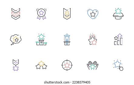 Iconos de línea de clasificación. Primer lugar, clasificación de estrellas y medalla de ganador. Correa de hombro, logro del ejército e íconos de clasificación de estrellas. Conjunto lineal. Elementos web de esquema de color. Vector