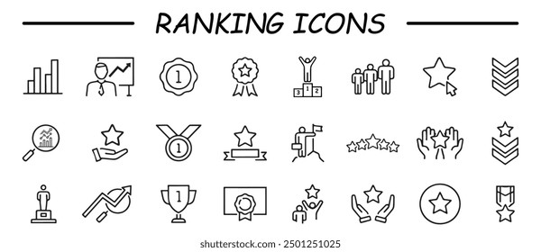 Ranking line icons. First place, star rating and winner medal. Shoulder strap, army achievement and star ranking icons. Linear set. Quality line set. Vector