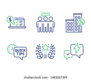 Ranking, Loan house and Employees group line icons set. Quick tips, Online accounting and Lightning bolt signs. Laurel wreath, Discount percent, Collaboration. Helpful tricks. Technology set. Vector