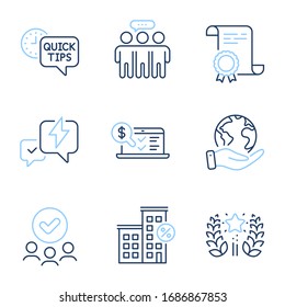 Ranking, Loan house and Employees group line icons set. Diploma certificate, save planet, group of people. Quick tips, Online accounting and Lightning bolt signs. Vector