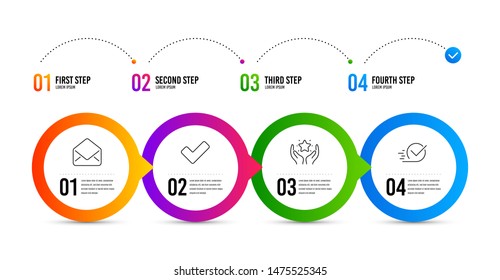 Ranking, Mail and Tick line icons set. Timeline infographic. Checkbox sign. Hold star, E-mail, Confirm check. Approved. Education set. Ranking icon. Timeline diagram. Vector