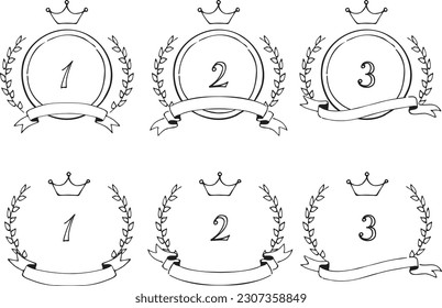 Ranking material drawn with laurels, ribbons and crowns.  Black-and-white hand-drawn line drawings.