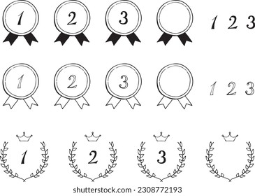 Ranking material of medals with ribbons and laurels.  Black-and-white hand-drawn line drawings.