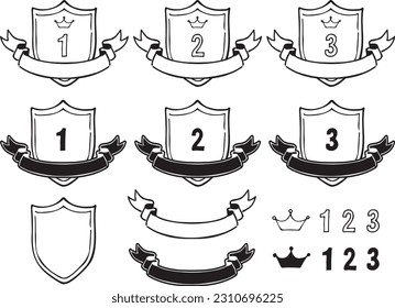 Ranking material for shield with arched ribbon. Black-and-white hand-drawn line drawings.