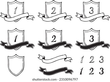 Ranking material for shields with diagonal ribbons. Black-and-white hand-drawn line drawings.