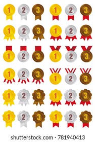ranking medal icon illustration set. from 1st place to 3rd place. 3 colors (gold/silver/bronze) 