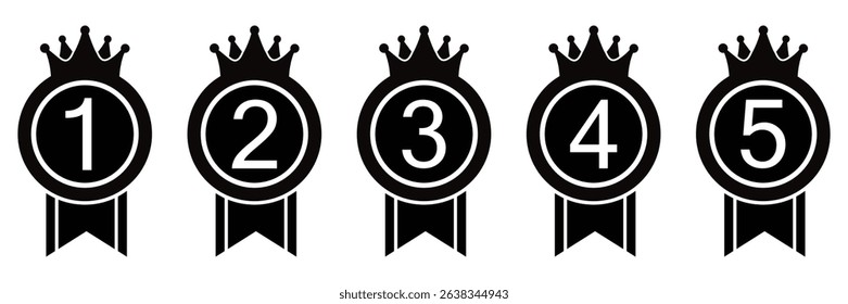 Ranking Medal Icon Set – 1st to 5th Place Award Ribbons in Flat Vector Design