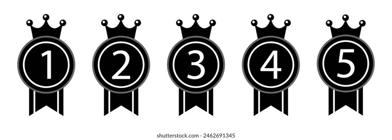 Conjunto de iconos de Vector de cinta de medalla de clasificación. Conjunto de 1, 2, 3, 4, 5 número de rango ganador. 1er lugar al 5to lugar en la Ilustración vectorial del ranking de medallas negras.