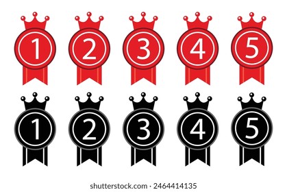 Ranking medal ribbon vector icon set. set of 1, 2, 3, 4, 5 winner rank number icons. 1st place to 5th place red and black medal ranking vector illustration.