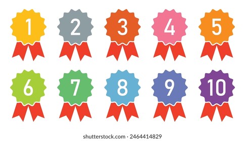 Ranking, medalla, cinta conjunto de íconos de Vector. Conjunto de 1, 2, 3, 4, 5, 6, 7, 8, 9, 10 iconos de número de rango ganador. 1er lugar a 10mo lugar en la Ilustración vectorial de clasificación. Conjunto de insignias de medalla de clasificación de colores, etiquetas.