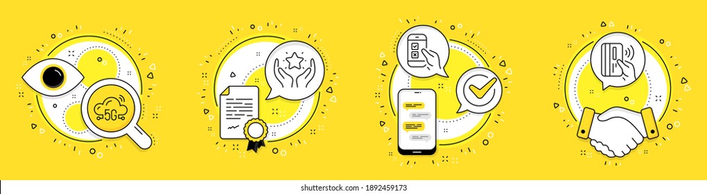 Ranking, Mobile Survey And 5g Cloud Line Icons Set. Licence, Cell Phone And Deal Vector Icons. Contactless Payment Sign. Hold Star, Phone Quiz Test, Wifi Internet. Bank Money. Technology Set. Vector