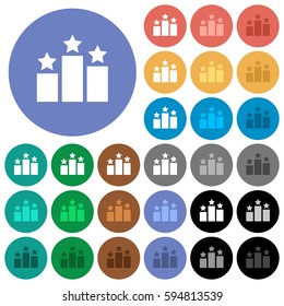 Ranking multi colored flat icons on round backgrounds. Included white, light and dark icon variations for hover and active status effects, and bonus shades on black backgounds.