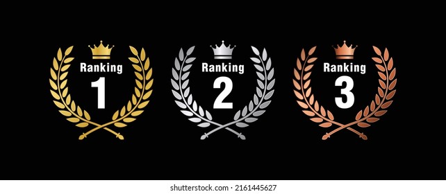 Ranking one gold, silver, and bronze laurel vector medals set, isolated, ranking two crown emblem, ranking three, number one laurel icon set in white background