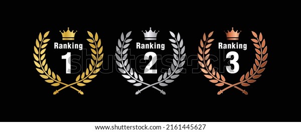 Ranking one gold, silver, and bronze\
laurel vector medals set, isolated, ranking two crown emblem,\
ranking three, number one laurel icon set in white\
background