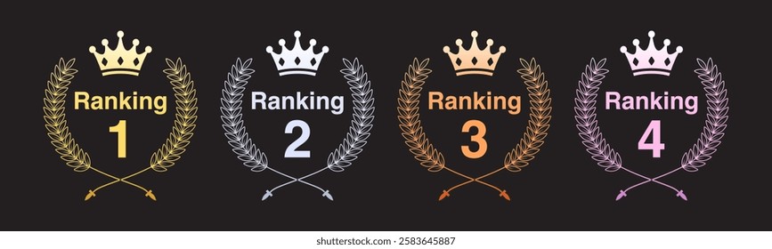 Ranking One, Two, Three, Four Badges with Crowns and Laurel Wreaths - Icon, Logo, and Symbol Vector Graphic