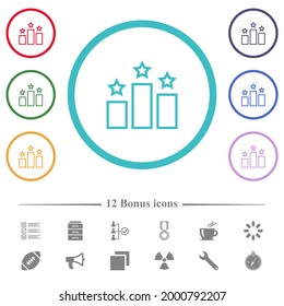 Ranking outline flat color icons in circle shape outlines. 12 bonus icons included.