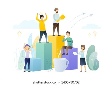 Ranking people flat vector illustration. Company workers rating positions. Employees competition at workplace. Social status hierarchy metaphor. Happy winner holding trophy, prize cartoon character.