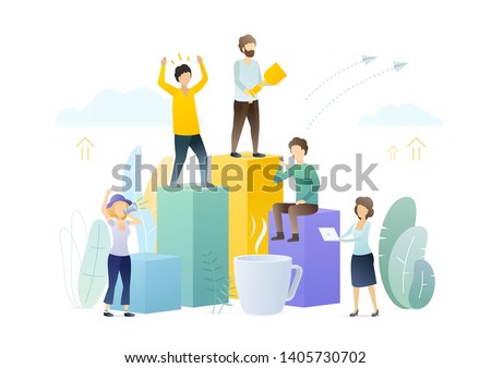 Ranking people flat vector illustration. Company workers rating positions. Employees competition at workplace. Social status hierarchy metaphor. Happy winner holding trophy, prize cartoon character.